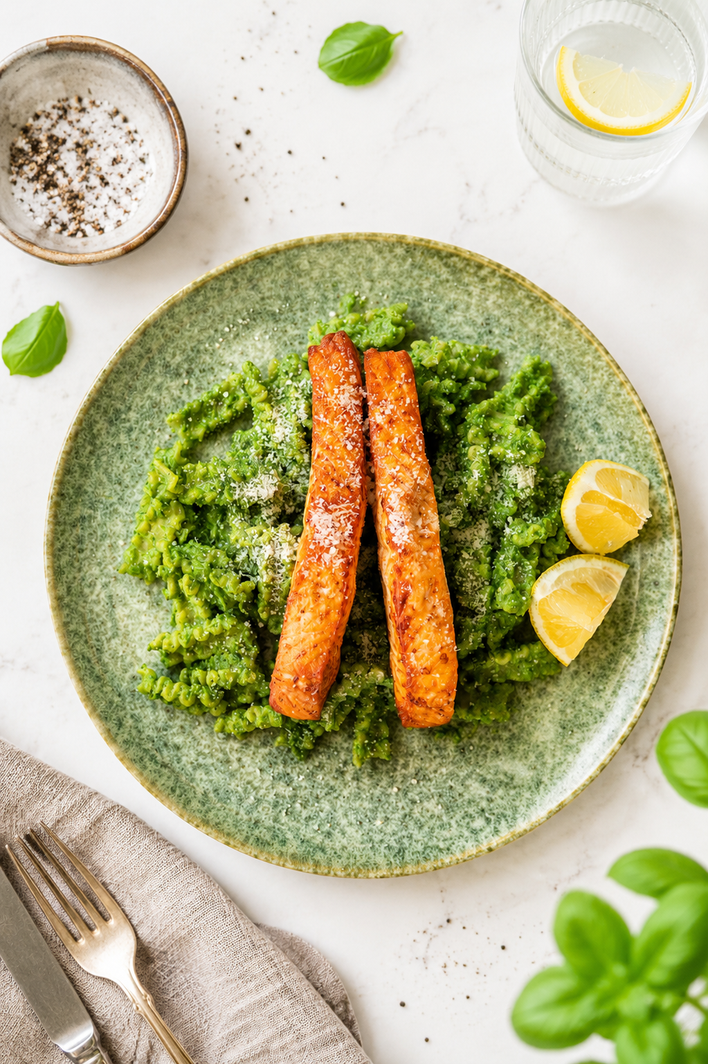 Pieczony łosoś z makaronem i zielonym pesto przygotowany w Tefal Easy Fry Infrared